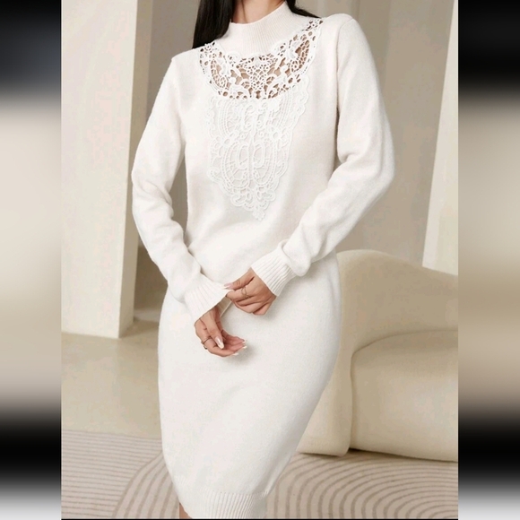 Elegant Solid Color Lace Patchwork Sweater Dress For Women, Autumn/Winter - Picture 1 of 6